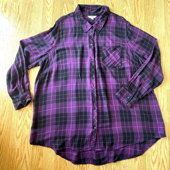 Womens Purple Black Plaid Shirt Size 2X Button Down Long Sleeve Indie Plaidcore - Picture 8 of 8